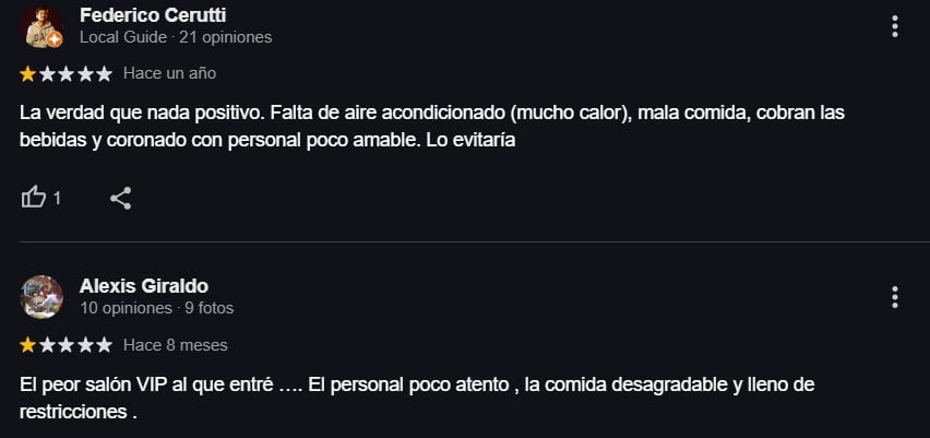 Comentarios sobre las salas VIP