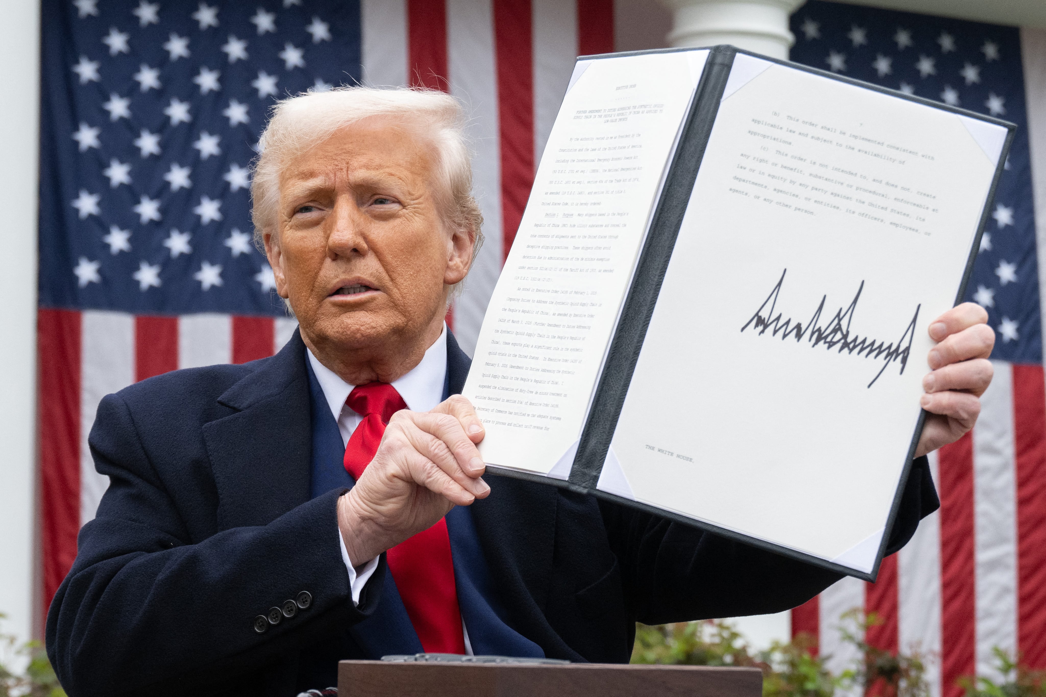 sweeping new "Liberation Day" tariffs in a move that threatens to ignite a devastating global trade war. Key US trading partners including the European Union and Britain said they were preparing their responses to Trump's escalation, as nervous markets fell in Europe and America. (Photo by SAUL LOEB / AFP)