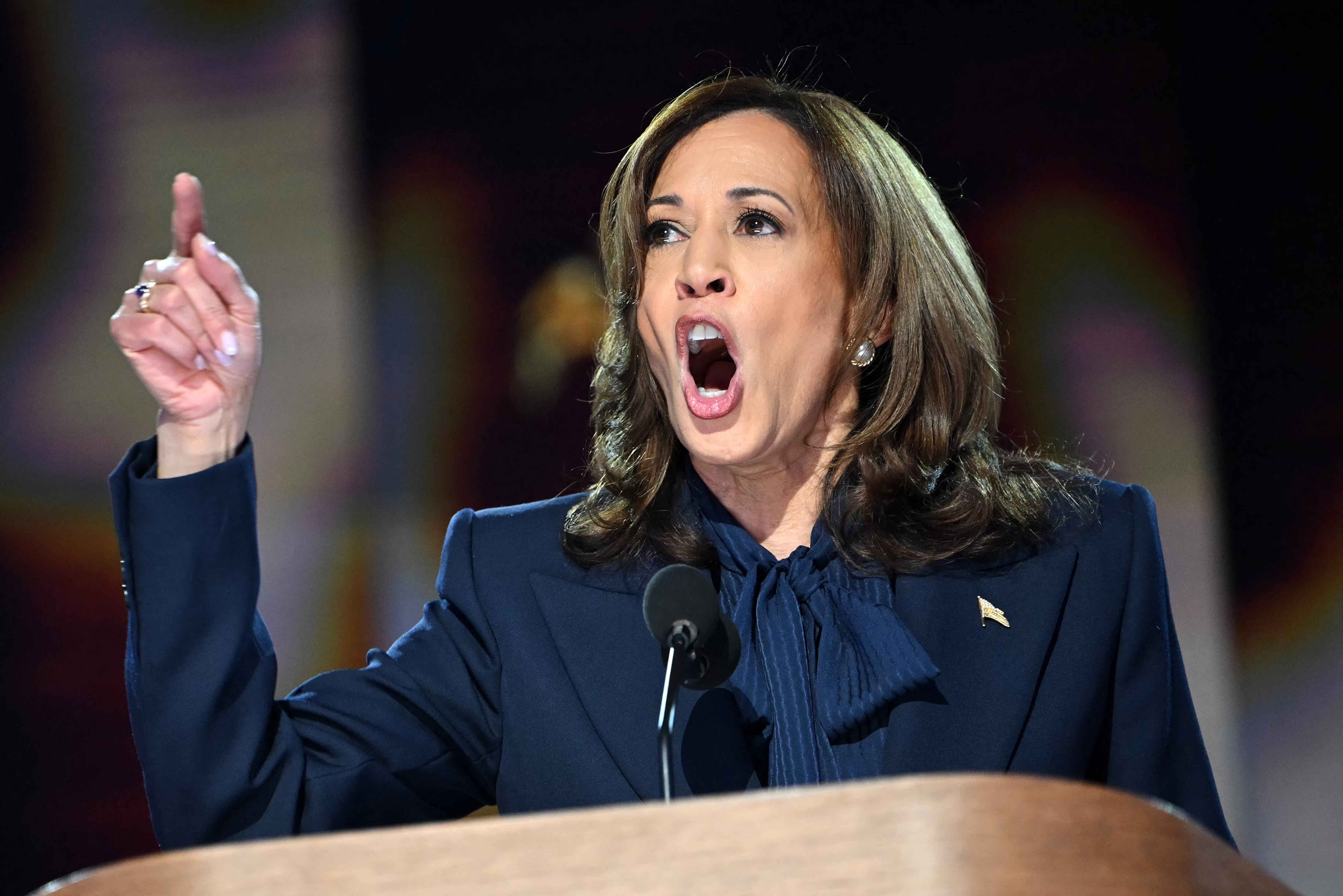 US Vice President and 2024 Democratic presidential candidate Kamala Harris speaks on the fourth and last day of the Democratic National Convention (DNC) at the United Center in Chicago, Illinois, on August 22, 2024. (Photo by ANDREW CABALLERO-REYNOLDS / AFP)