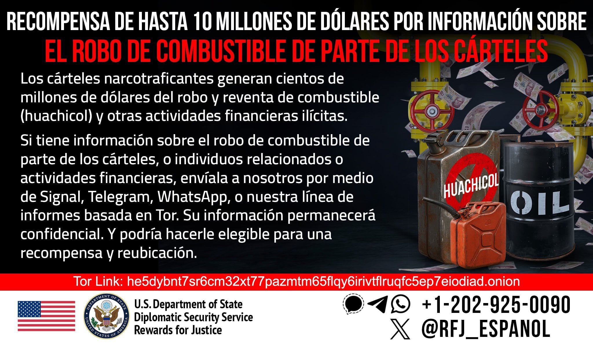 Asegura la embajada de Estados Unidos aquí que la opción de ganarse los 10 millones de dólares (un poco más de 5 mil millones de colones) es real si usted le da información sobre el robo de combustible.
