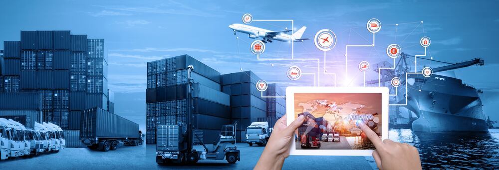 Imagen de comercio internacional multimodal y transportes aéreos, marítimos y terrestres.