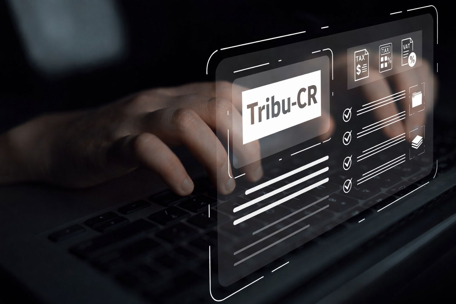 En la imagen alguien tecleando en una computadora y un apartado que dice Tribu-CR