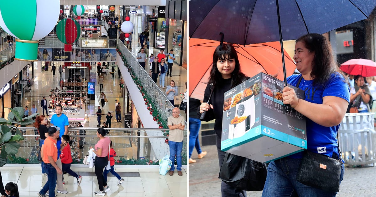 Dos escenas de compras en Costa Rica durante la temporada navideña: a la izquierda, un centro comercial decorado con adornos navideños; a la derecha, una mujer bajo la lluvia sostiene una freidora de aire comprada durante el Black Friday.