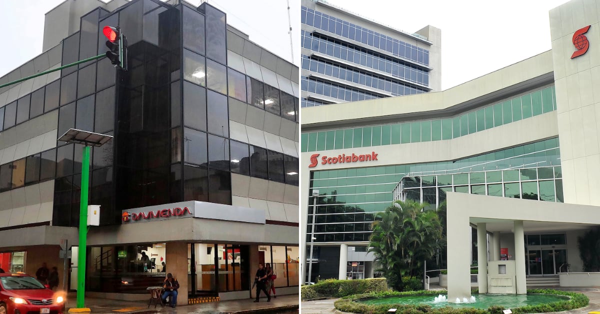 Fachadas de Davivienda y Scotiabank en Costa Rica.