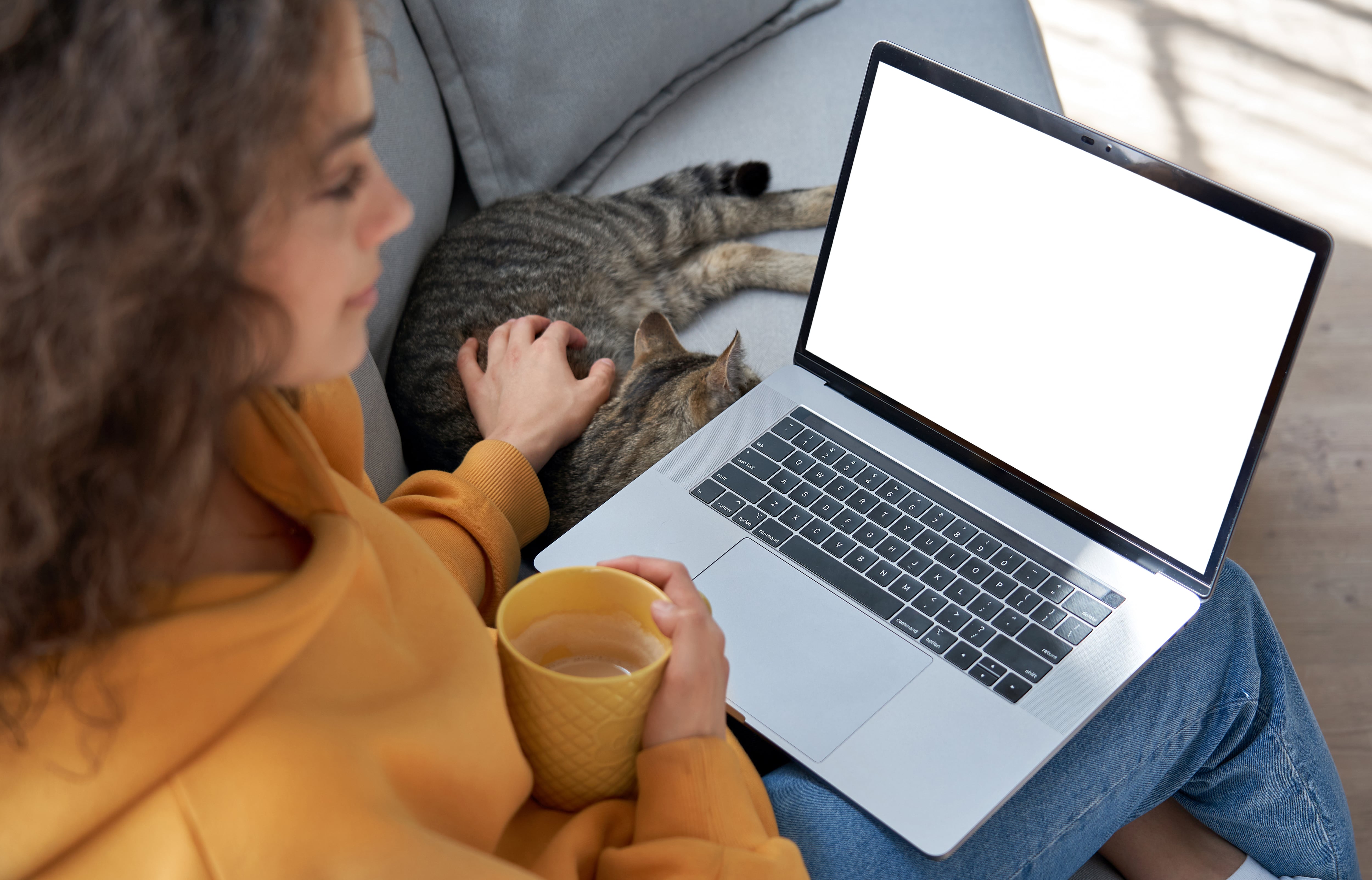 Mujer trabajando con computadora desde la casa.