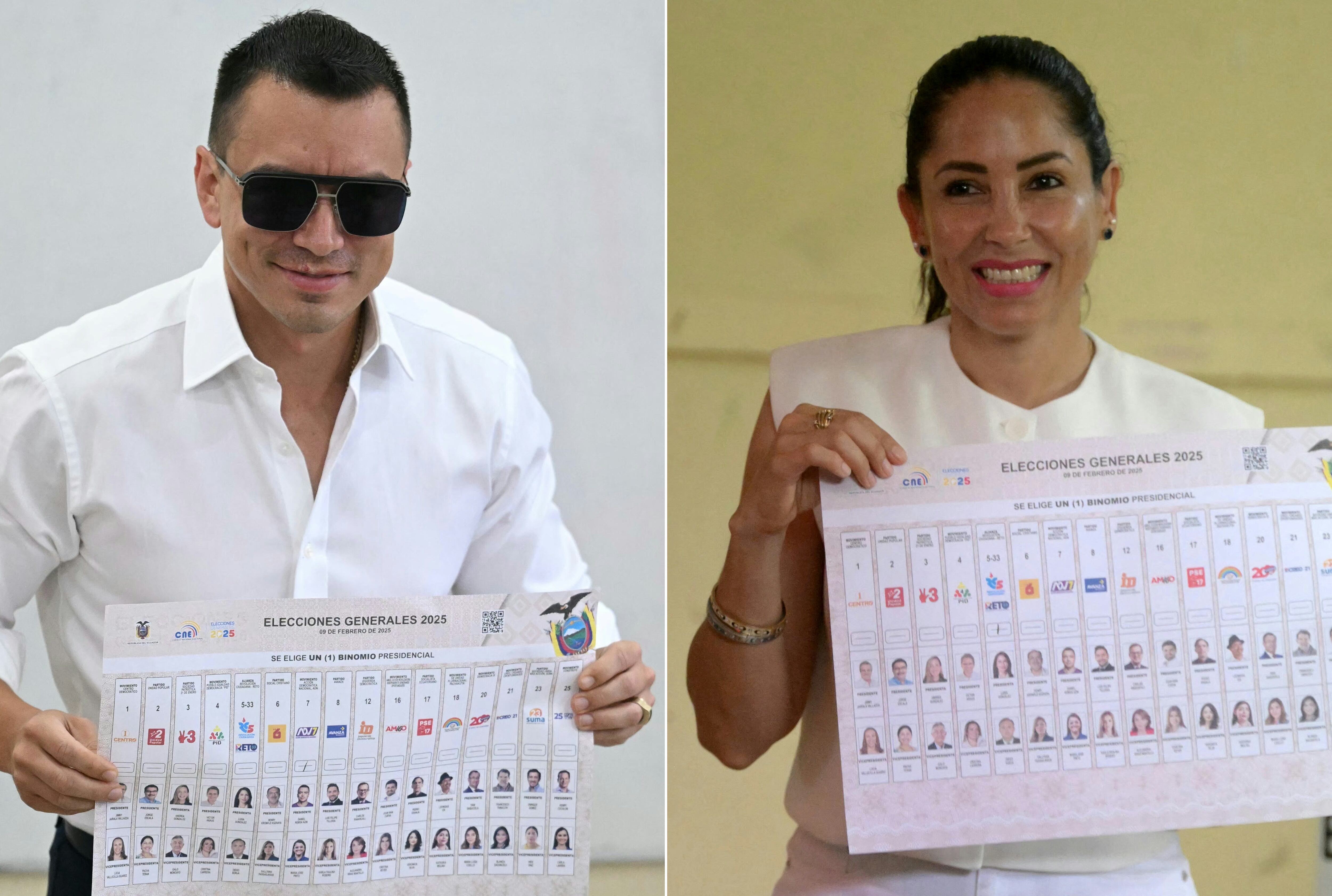 Esta combinación de imágenes muestra a los candidatos presidenciales Daniel Novoa y Luisa González, favoritos para pasar a la segunda ronda.