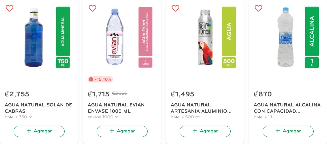 Incluso en su página web Automercado hace la distinción de agua por marca. En orden de derecha a izquierda, Solán de Cabras, de España; Elvian, de Francia, RainForest en su versión de aluminio, de Costa Rica, y Regen, también nacional.