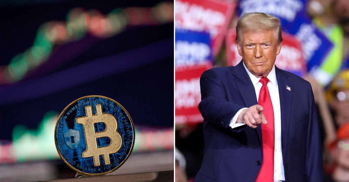 Moneda física de bitcóin en primer plano, con gráficos de mercado borrosos de fondo que reflejan la reciente subida de precio de la criptomoneda.