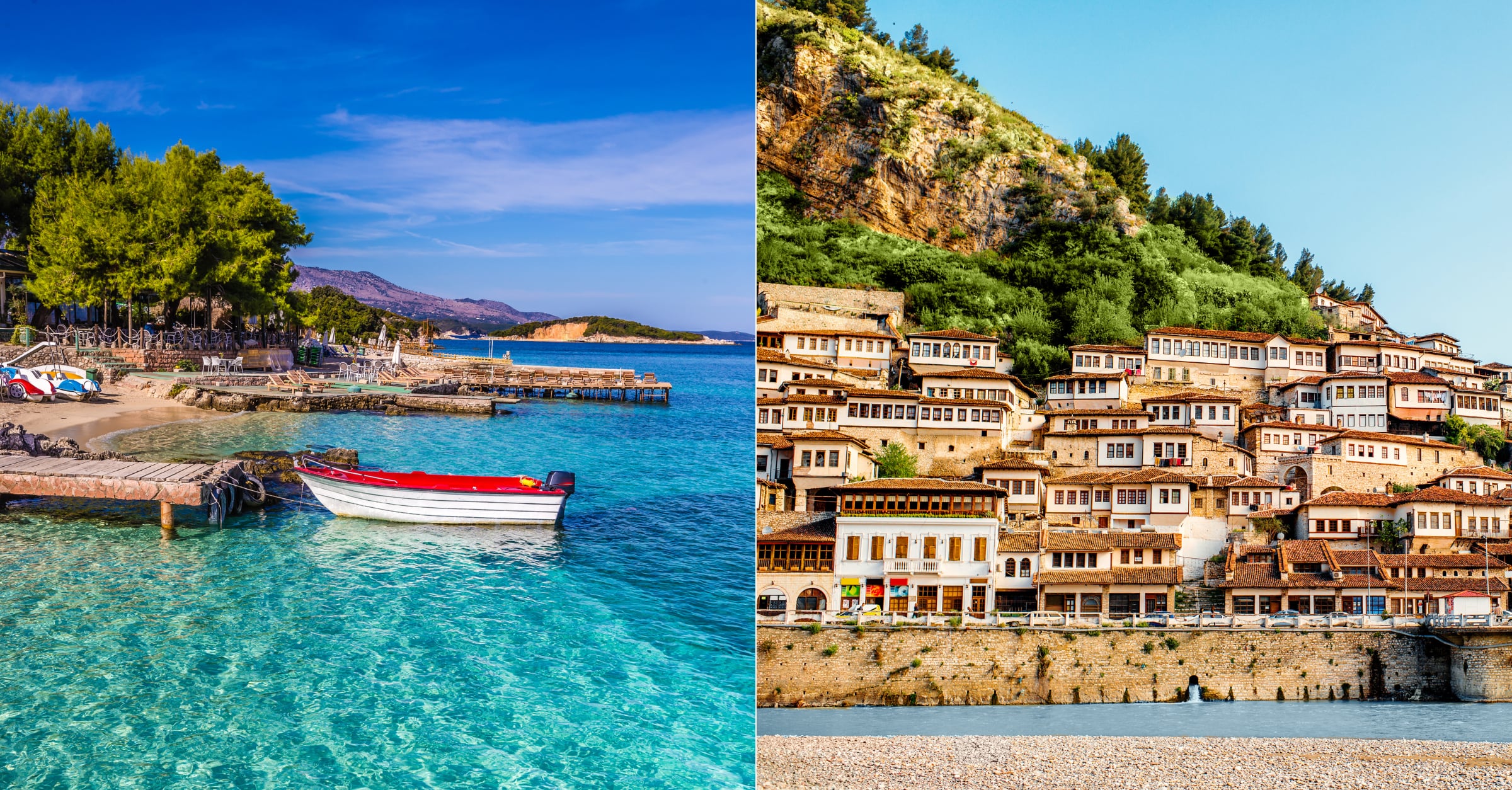 Ksamil (i) y Berat (d), dos sitios turísticos populares en Albania. Shutterstock
