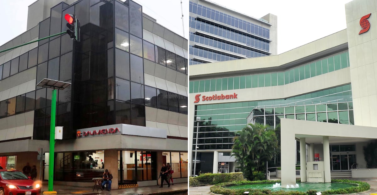 Fachadas de Davivienda y Scotiabank en Costa Rica.