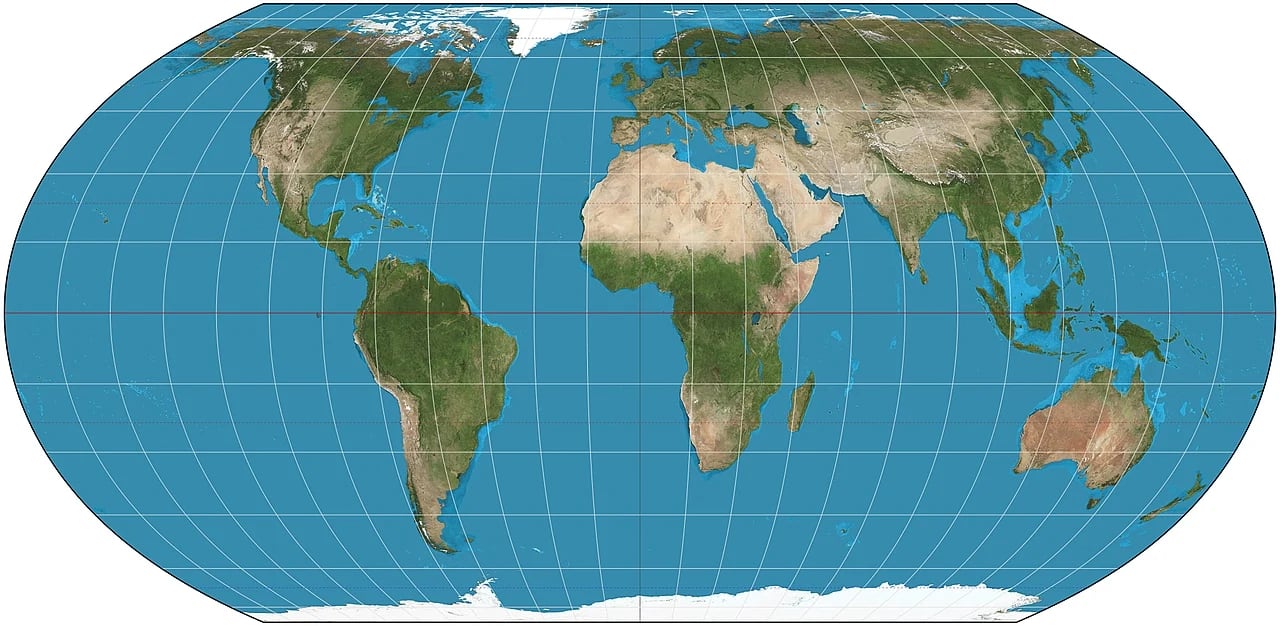 Proyección Equal Earth. Retícula de 15°. Las imágenes son una derivación del compuesto de verano de Blue Marble de la NASA.