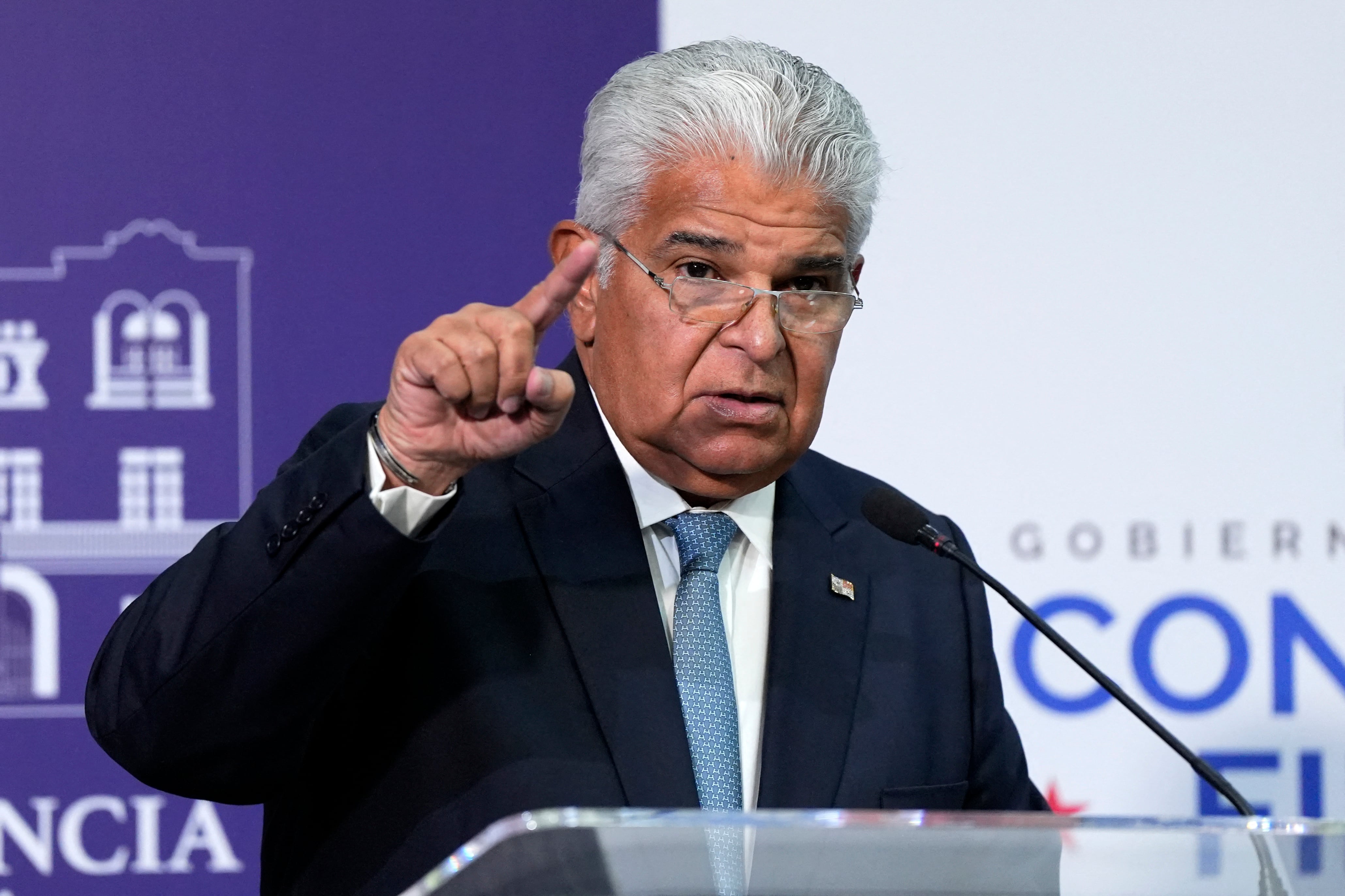 (FILES) Panama�s President Jose Raul Mulino speaks during a press conference after a meeting with US Secretary of State Marco Rubio (not in frame) at the presidential palace in Panama City on February 2, 2025. Panamanian President Jose Raul Mulino said on March 3, 2025, that Donald Trump is "lying" following the US leader's assertion that t