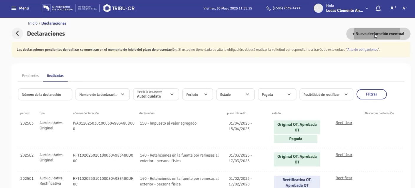Demostración de uso de Tribu-CR; apartado de declaraciones.