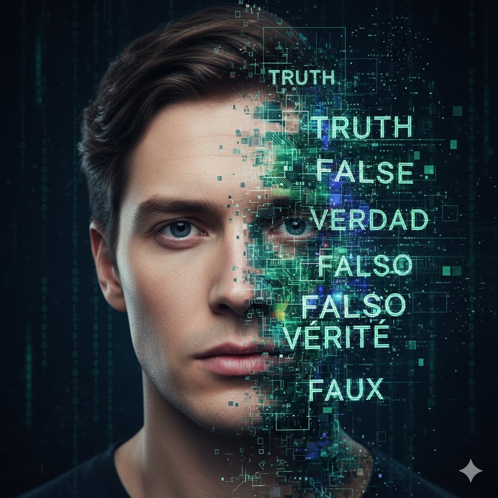 Imagen creada por Gemini bajo la solicitud: crea un collage de estilo moderno que muestra un rostro famoso. La mitad del rostro es una fotografía hiperrealista y la otra mitad está fragmentada, revelando código binario, líneas de cuadrícula digital y el texto 'Verdad' y 'Falso' en diferentes idiomas. El efecto visual es el de una máscara digital que se está despegando, cuestionando la realidad de lo que se ve.