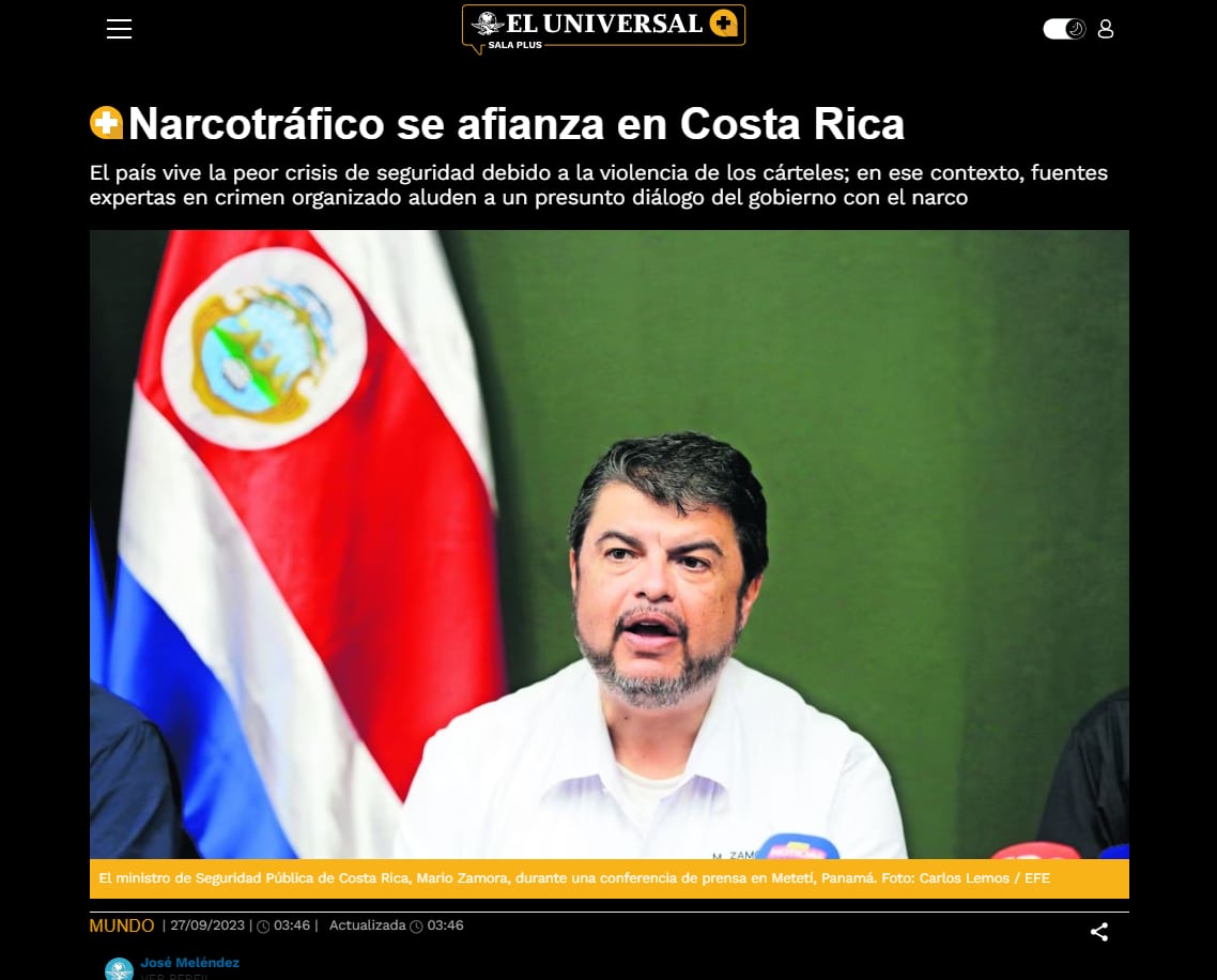 Captura de pantalla | 'El Universal' de México | Narcotráfico se afianza en Costa Rica