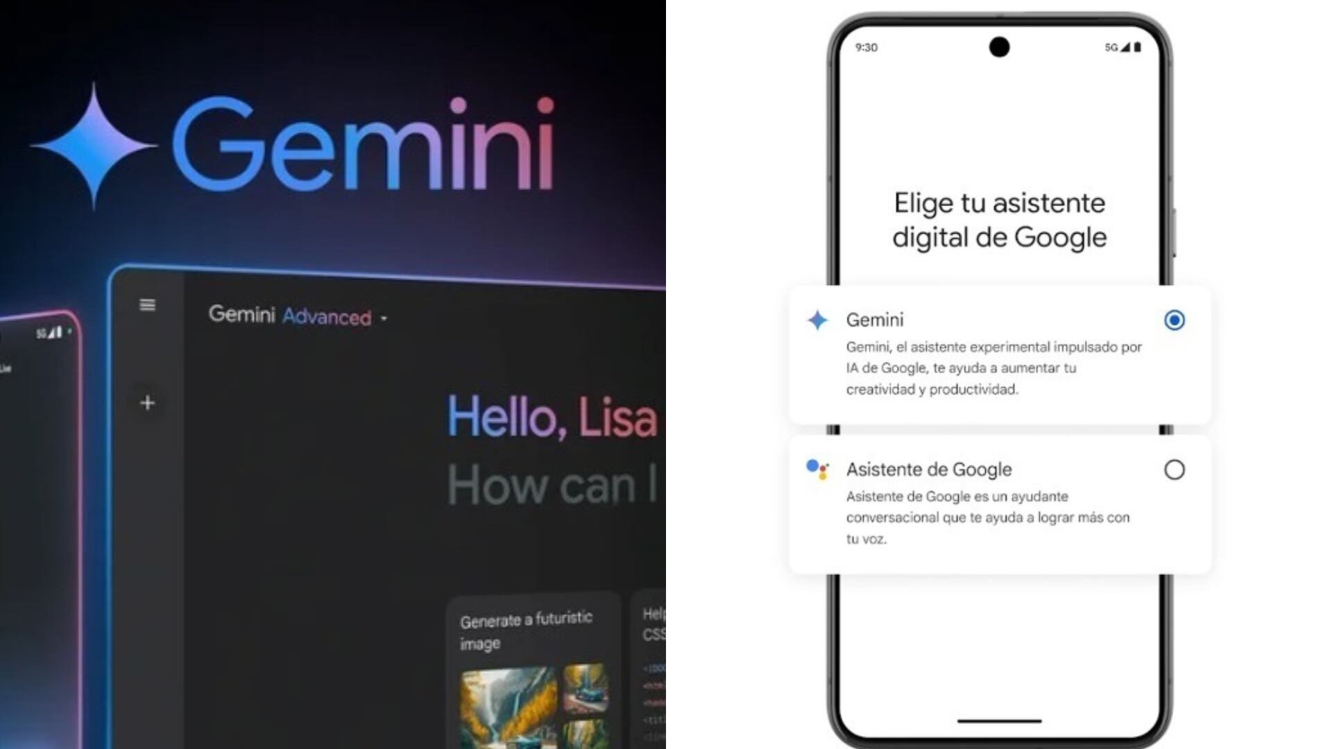 Pantalla de la aplicación Gemini mostrando su interfaz avanzada junto a un teléfono con la opción de elegir entre asistentes digitales de Google, destacando las nuevas funciones de control desde la pantalla bloqueada.
