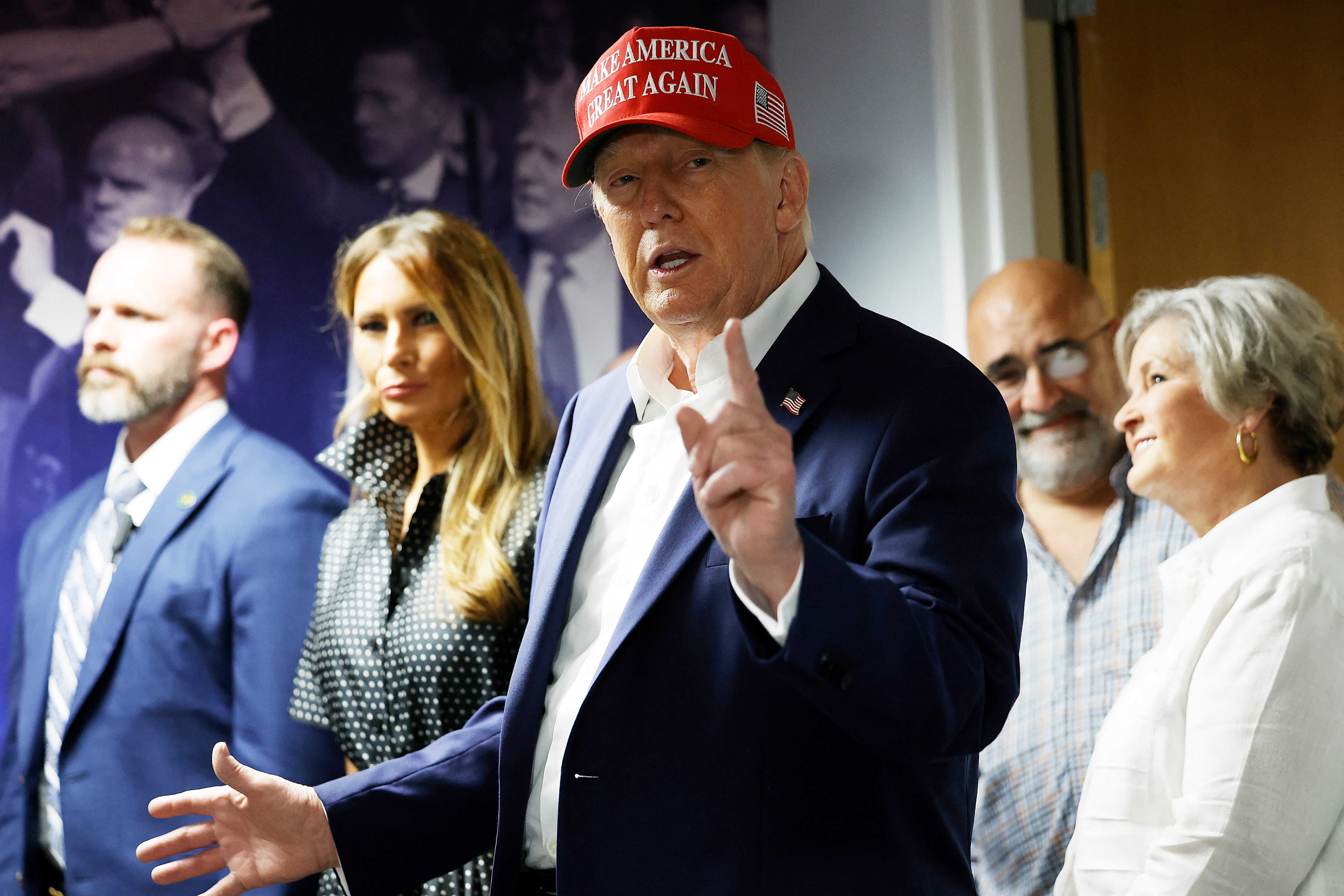 WEST PALM BEACH, FLORIDA - NOVEMBER 05: Republican presidential nominee former President Donald Trump thanks his staff at his campaign headquarters on Election Day, November 05, 2024 in West Palm Beach, Florida. Trump and his wife Melania Trump cast their votes at a polling place in the Morton and Barbara Mandel Recreation Center earlier in the day.   Chip Somodevilla/Getty Images/AFP (Photo by CHIP SOMODEVILLA / GETTY IMAGES NORTH AMERICA / Getty Images via AFP)