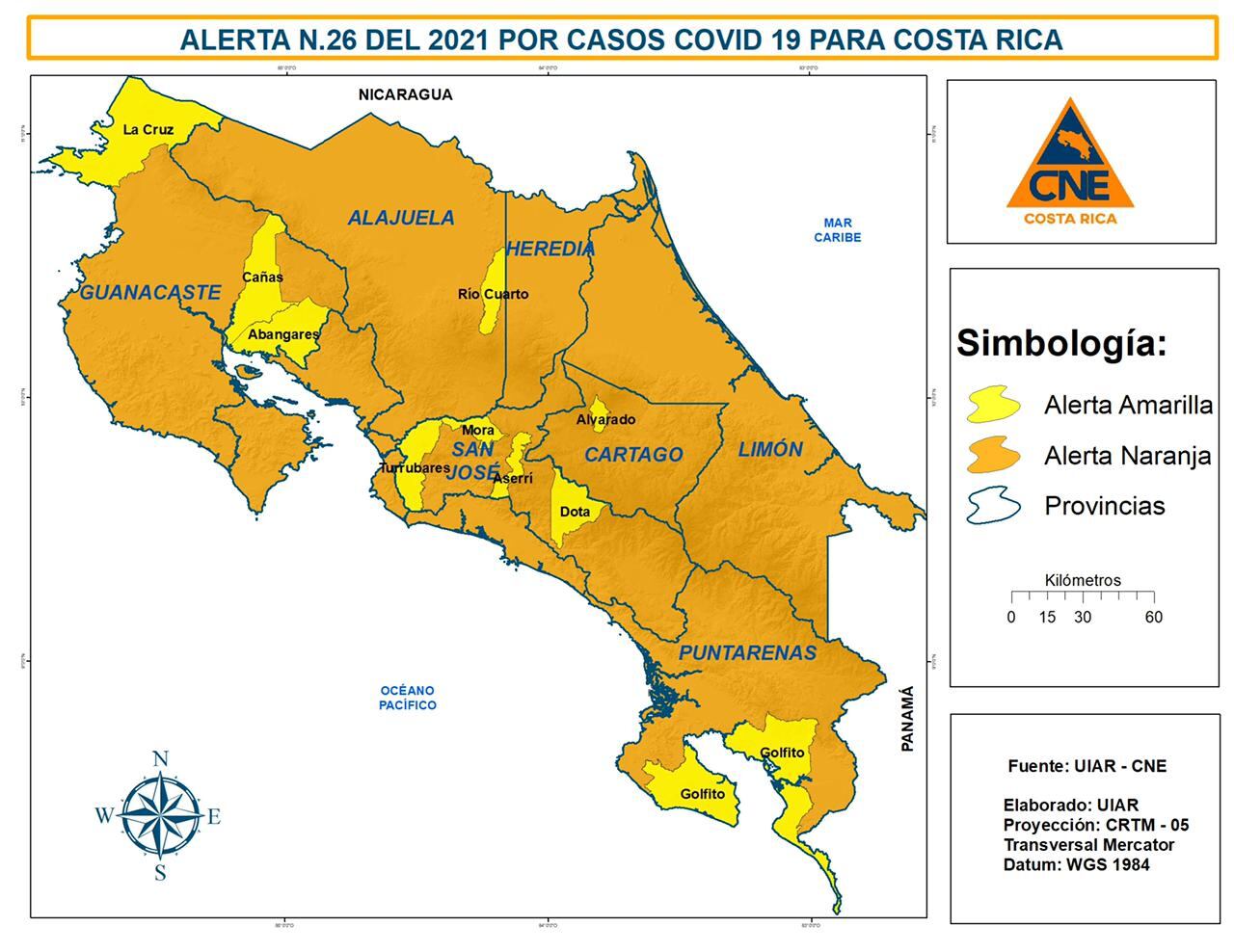 La Comisión Nacional de Emergencias (CNE) ha subido las alertas para otros 7 cantones, por lo que el país está alcanzado la cifra de 88% de sus cantones (72) en alerta naranja por covid-19. El mayor número de cantones en naranja desde que inició la pandemia.