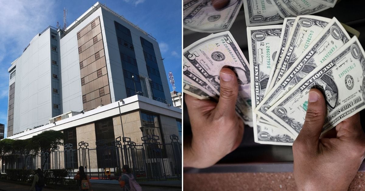 Montaje con el edificio del Banco Central de Costa Rica y manos contando billetes de dólares estadounidenses, representando la reducción en la compra de divisas en el Monex durante el 2024.