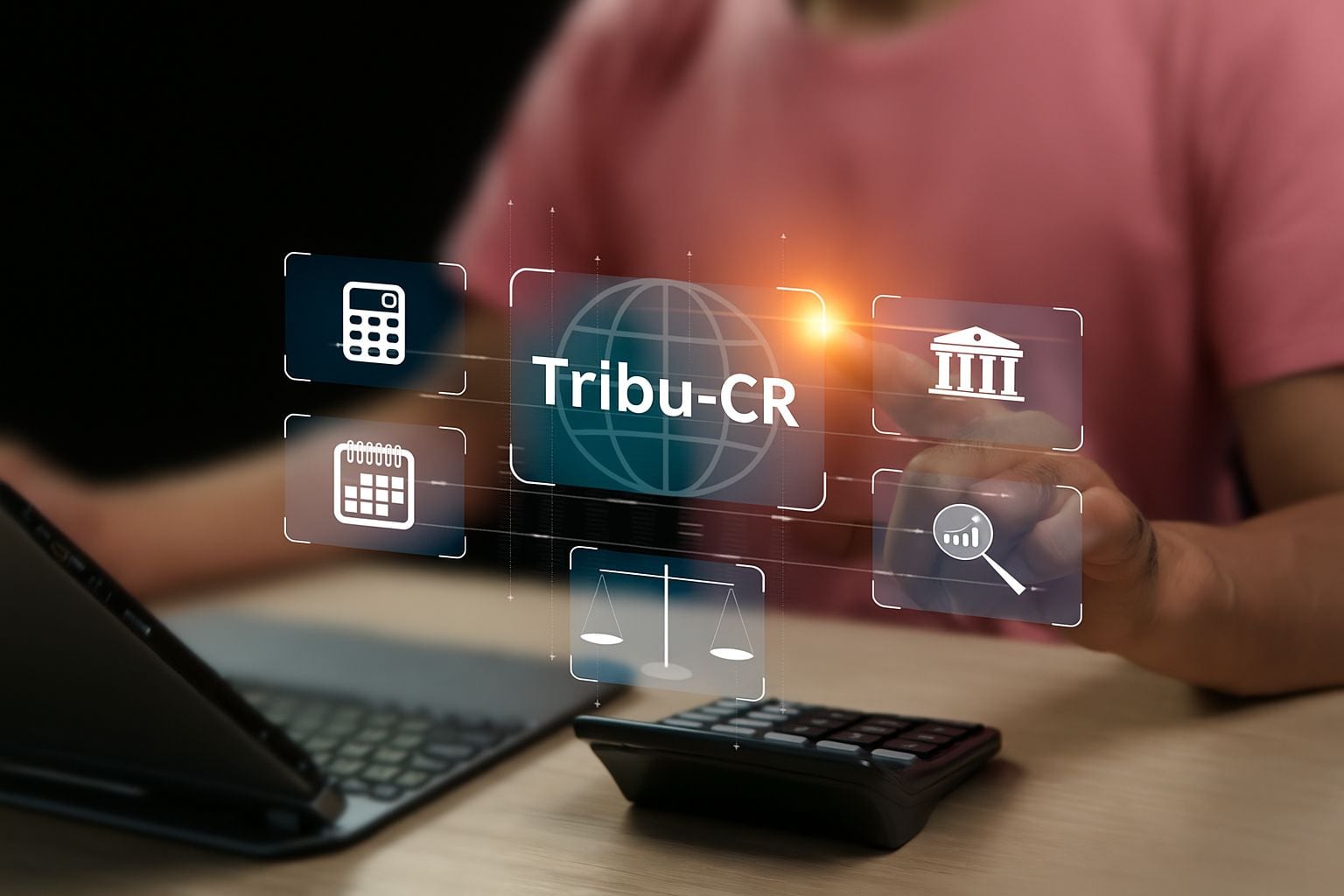 En la imagen, una persona y una computadora con hologramas, en los que se lee Tribu-CR
