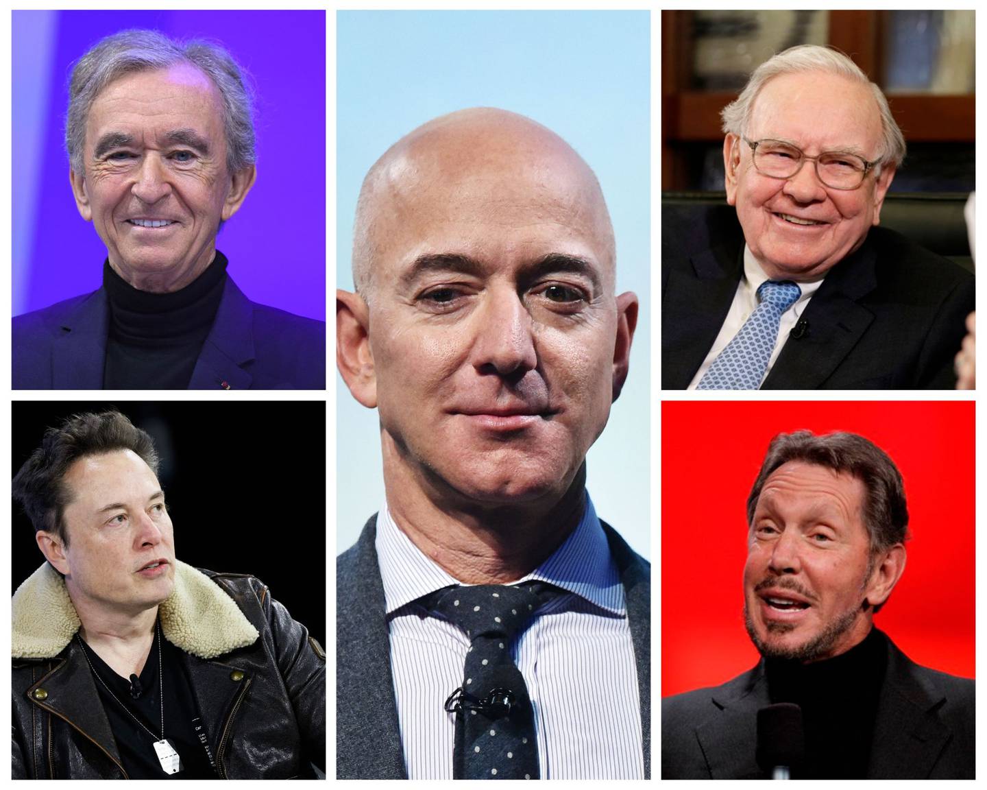 Según Oxfam, a finales de noviembre de 2023, los cinco hombres más ricos del mundo eran Elon Musk (X, Tesla y SpaceX), Bernard Arnault (LVMH), Jeff Bezos (Amazon), Larry Ellison (Oracle) y Warren Buffet (Berkshire Hathaway).